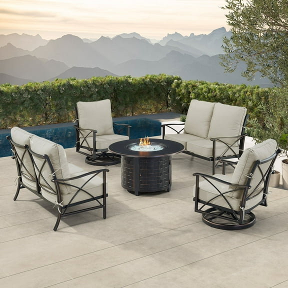 Black Aluminum Fire Table Set with Two Deep Seating Loveseat with Cushions and Two Club Chairs