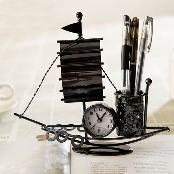 HONITANO 1Pcs Metal Sailboat Table Clock Pen Holder 8.3x4.7in Nautical Decor for College Students