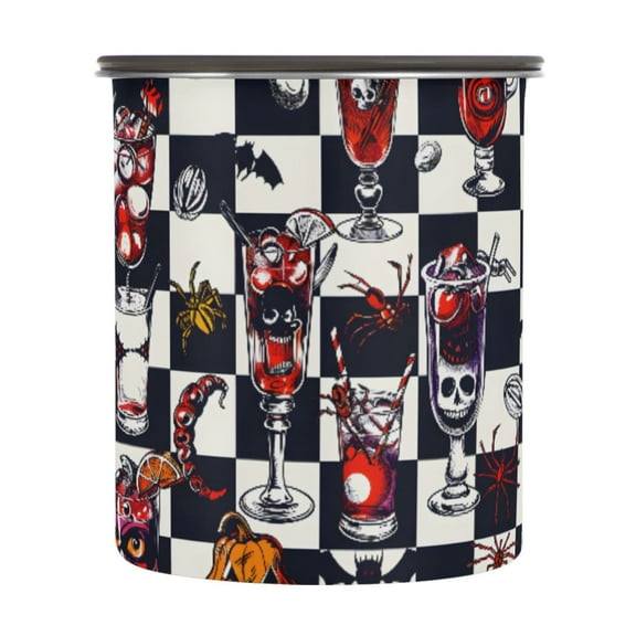 Halloween Skulls Checkered Airtight Coffee Bean Canister 30oz Food Storage Containers with Lids For Gournd, Tea, Sugar, Flour, Rice, Cereal, Candy Cookie Jar