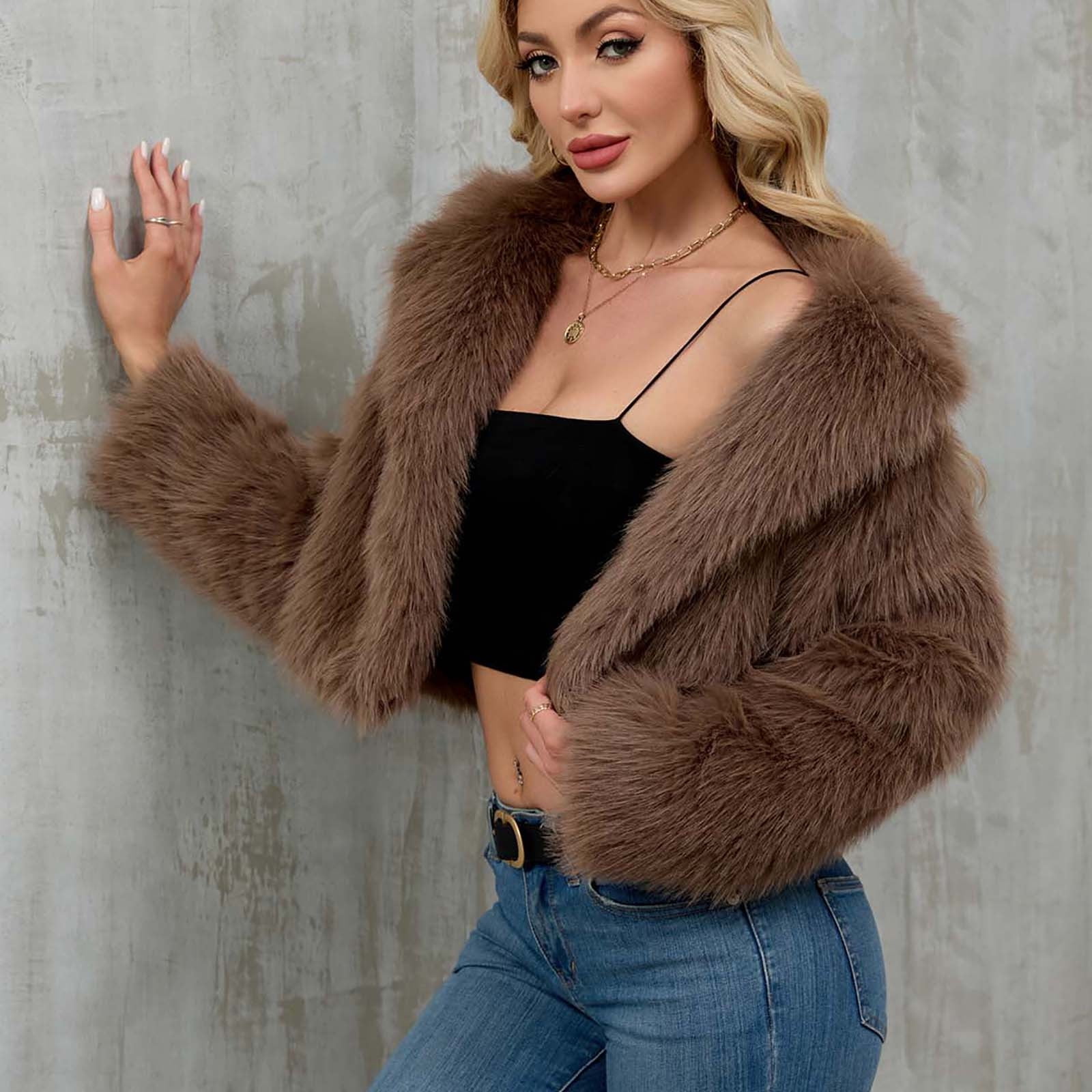 QATAINLAV Faux Fur Coats for Women Open Front Long Sleeve Lapel Fluffy Jacket Warm Shaggy Winter Outerwear, Brown, S