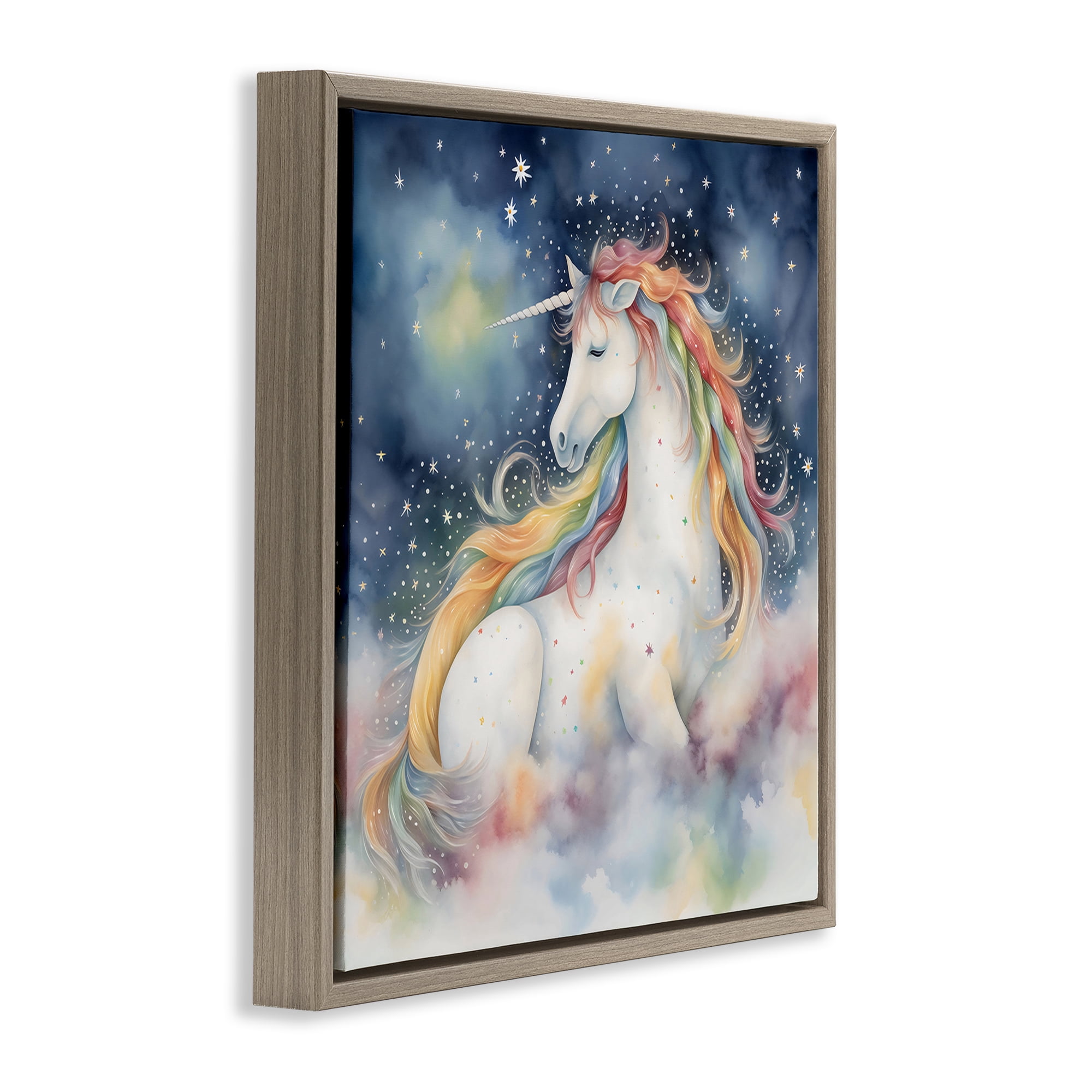 Stupell Industries Unicorn Floating on the Clouds Brown Framed Floater Canvas Wall Art, design by Creative Studio