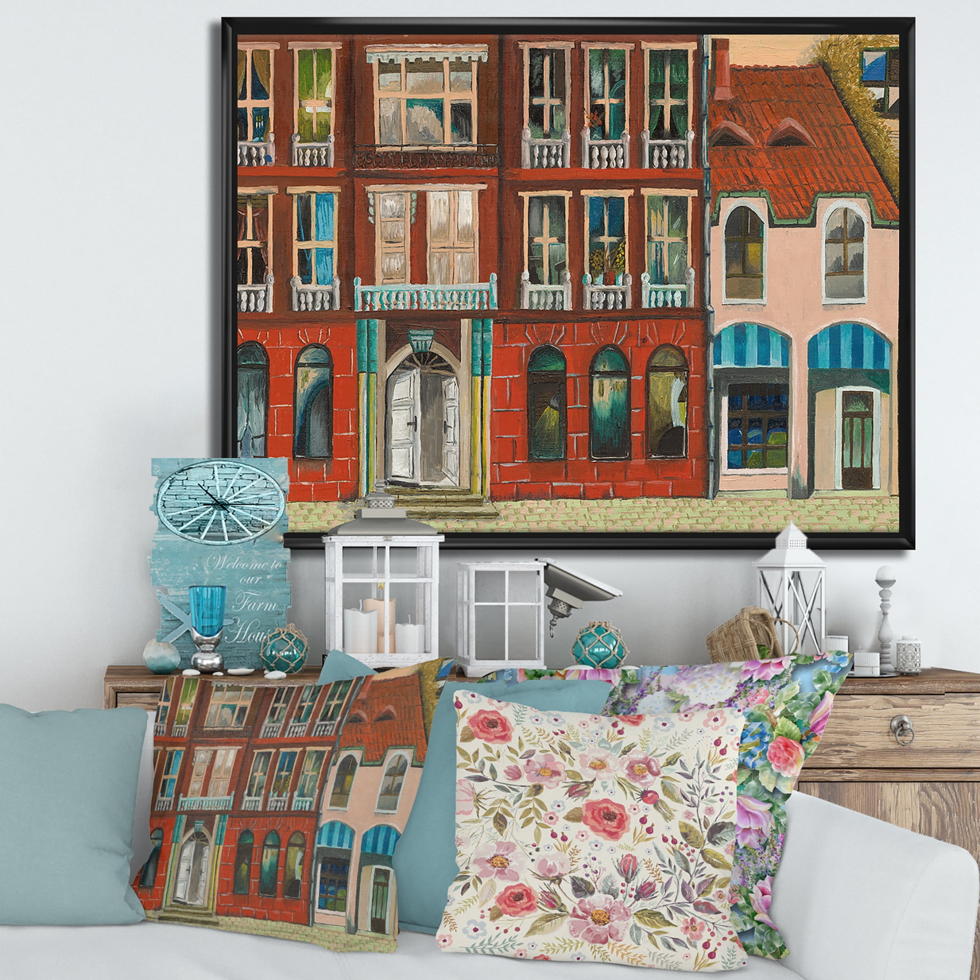 Designart 'Vintage Red Facade of Shop In Paris I' French Country Framed Canvas Wall Art Print