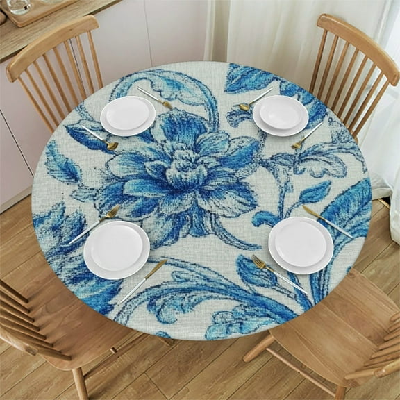 Autua Floral Pattern Blue White Round Tablecloth Stain-Resistant 100% Polyester 31"-35
