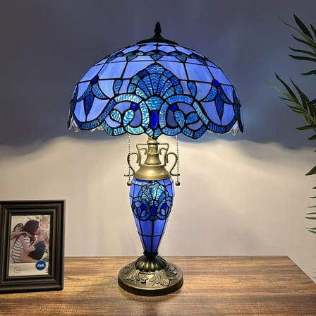 Tiffany Table Lamp Blue Stained Glass Baroque Style Lavender LED Bulbs Included for Living Room Bedroom Bedside 16"W*16"D*24"H