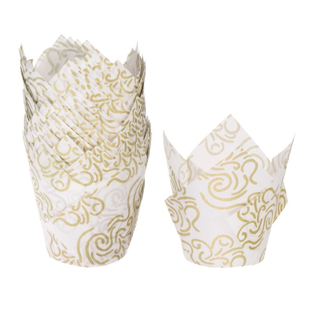 50 Unidades de Moldes para Cupcakes de Papel Estándar con Diseño de Alambre Dorado, Resistentes a la Grasa, Desechables para Cumpleaños, Banquetes y Fiestas, Blanco