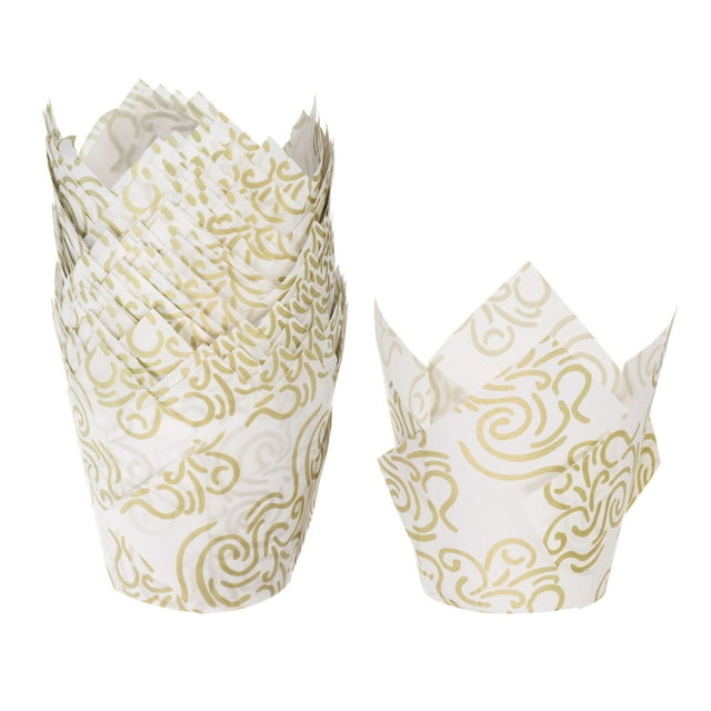 50 Unidades de Moldes para Cupcakes de Papel Estándar con Diseño de Alambre Dorado, Resistentes a la Grasa, Desechables para Cumpleaños, Banquetes y Fiestas, Blanco