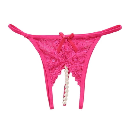 Women Pearl Lace Bowknot Beads Lace Panties Thong Lingerie Underwear L
