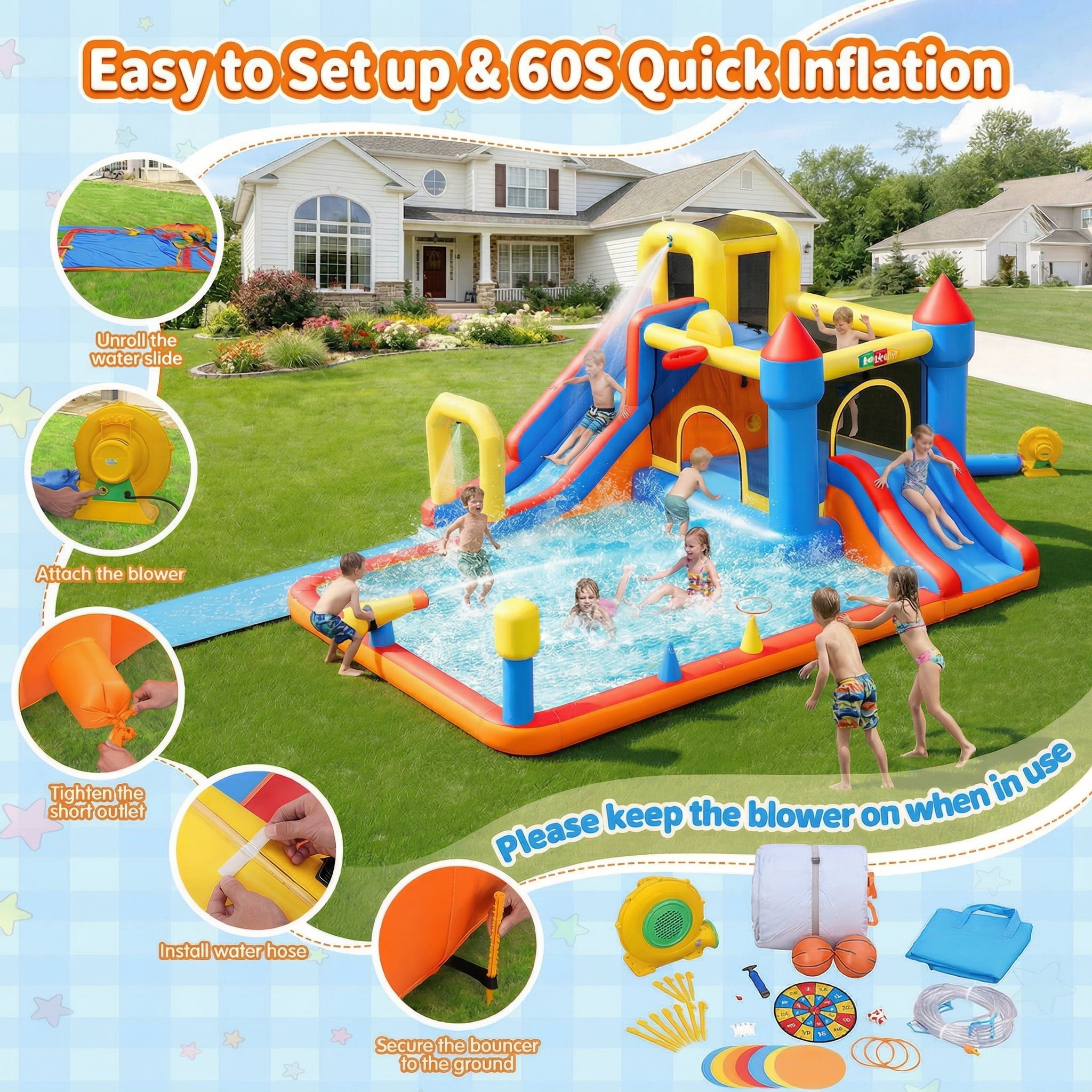 Adnoom Inflatable Water Slide, 12-in-1 Water Park Bounce House for Big Kids, Outdoor Bouncy House with Dual Slides, Big Splash Pool, Water Cannon for Backyard/Party, Jumping Castle with 550W Blower