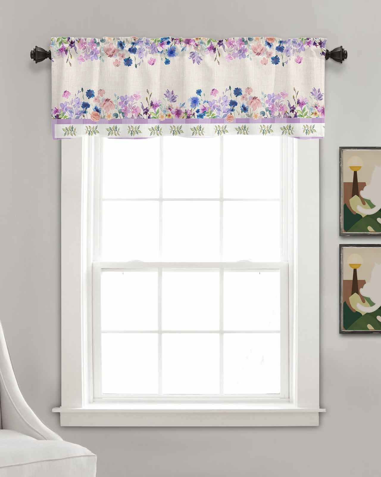 Purple Blue Flowers Linen Curtain Valance for Bedroom/Bathroom/Kitchen/Office/Living/Dining Room Window,Elegant Spring Floral Botanical Rustic Rod Pocket Topper Decorative Cafe Drapes Panel 54"x18"