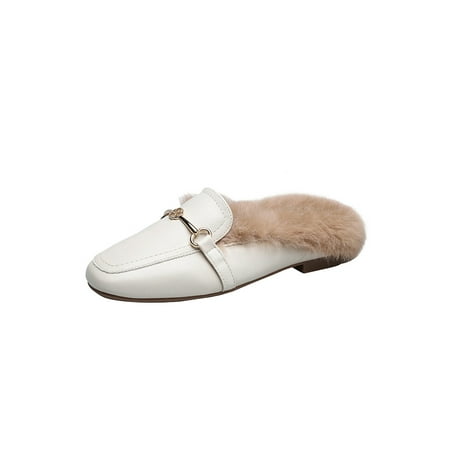 

Colisha Womens Solid Color Flat Plush Slides Slippers Square Toe Slip On Warm Casual Shoes