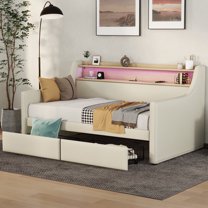 URTR Twin Size Daybed with Drawers, Twin Upholstered Daybed with Charging Station and LED Lights, PU Leather Bed Frame Sofa Bed for Living Room Guest Room Bedroom, White