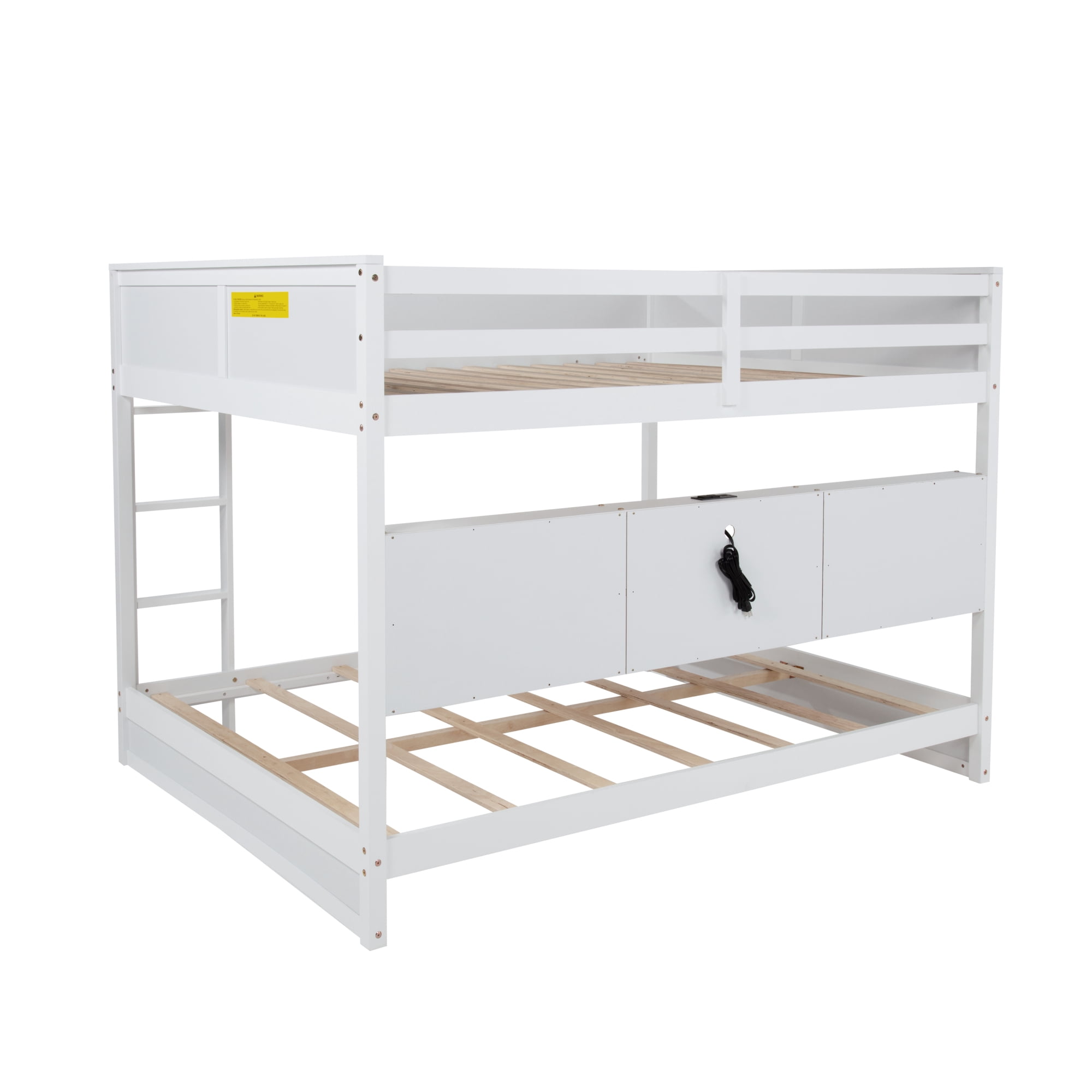 Leumius Queen over Queen Size Bunk Bed Frame with Built-in Storage Cabinets,Charging Station,Ladder,Safety Guardrails,Solid Pine Wood Bunk Bed for Boys Girls White