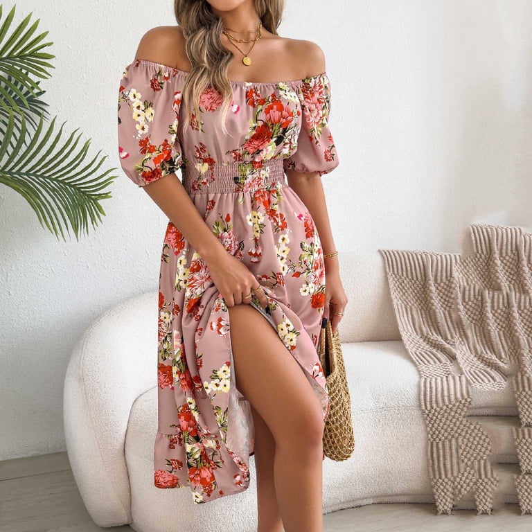 Jamicy Elegant Dresses for Women Puff Sleeve A Line Spring Fashion Off-Shoulder Knee Length Casual Flowy Boho Flower Print Summer Dress