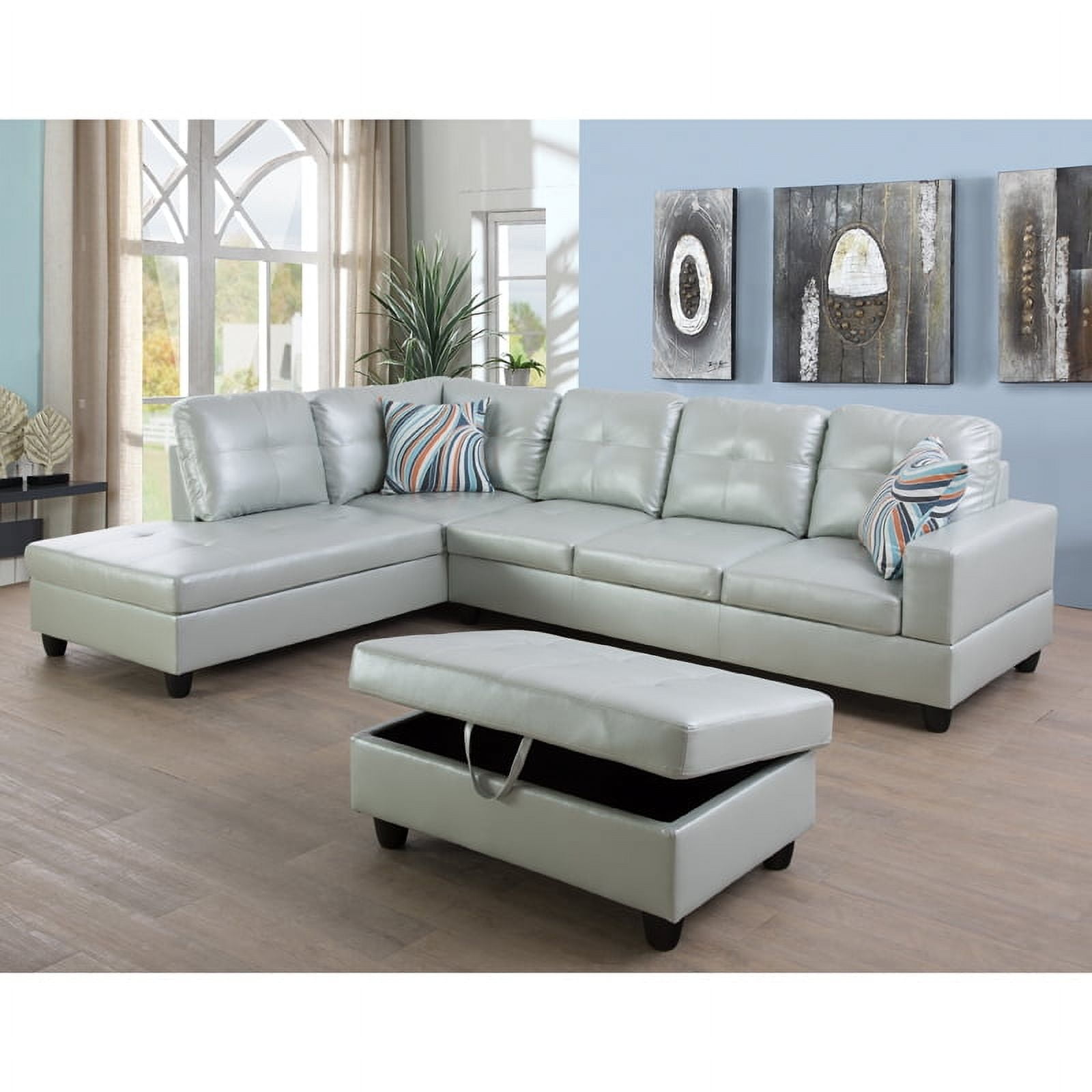Irene Inevent 3-Piece Leather Sofa Set, Semi PU Synthetic Leather Couch Living Room Sofa Set for Bedroom, Apartment, Office, Silver Green