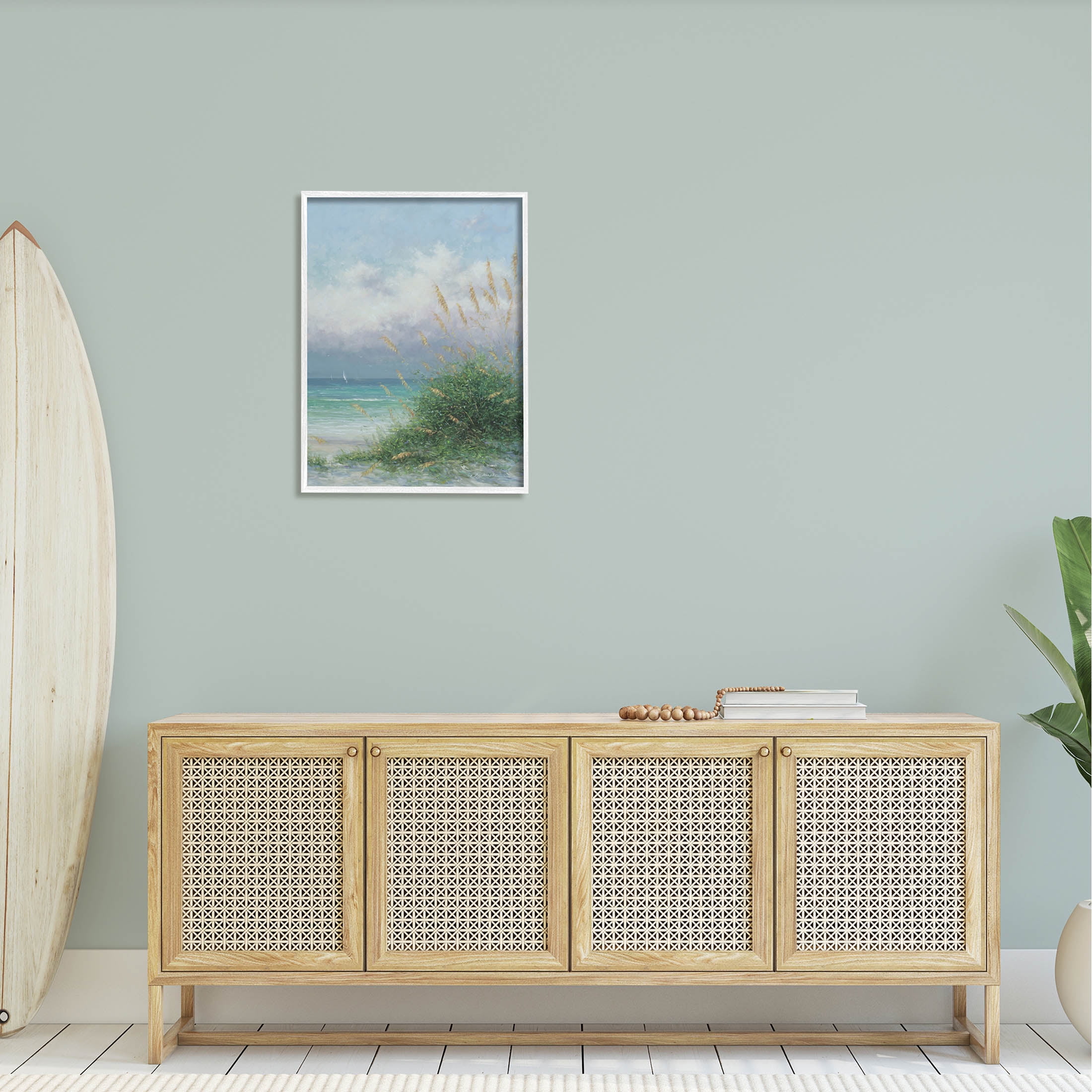 Ocean Waves Beach Reeds Coastal Painting White Framed Art Print Wall Art