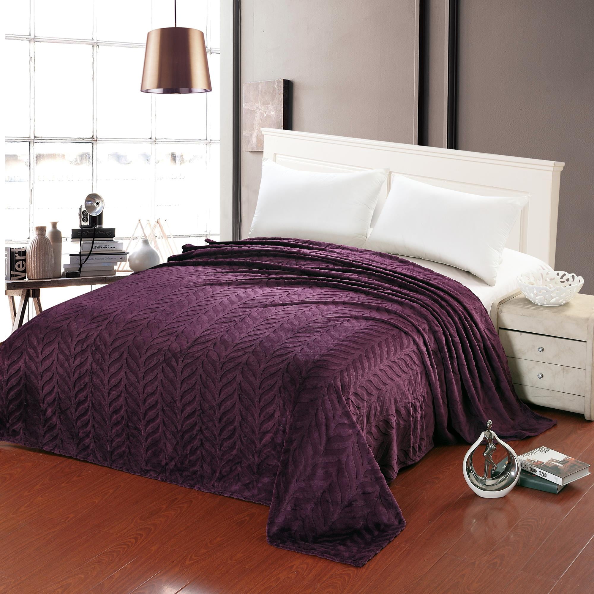 Leaf Etched Jacquard Micro Plush Bed Throw Blanket Purple