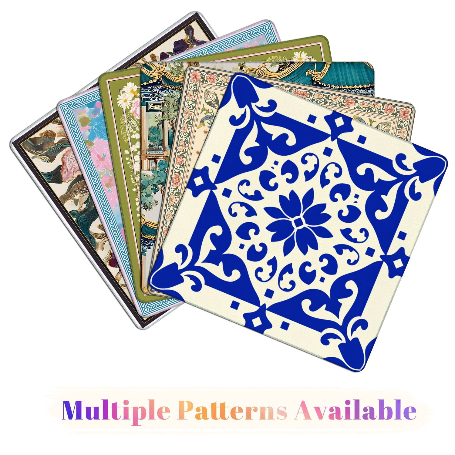 Mahjong Mat 31.5" x 31.5" Blue White Ornamental Tile Floral Geometric Design Non-Slip Noise Reduction American Mahjong Tiles Table Cover for Dominoes Poker Card Board Games Gift