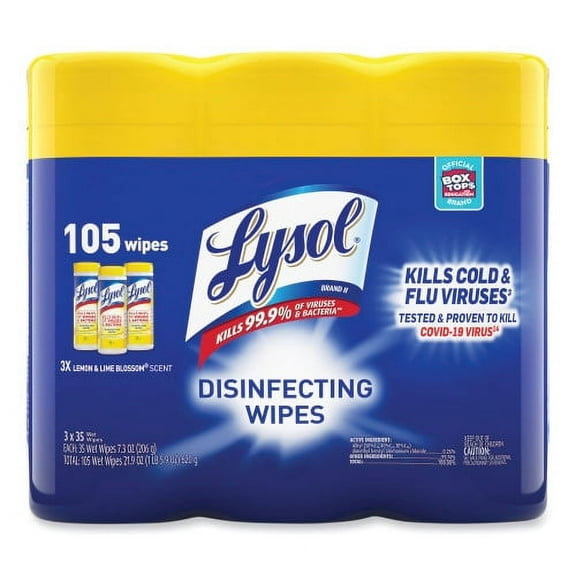 LYSOL Brand Disinfecting Wipes, 1-Ply, 7 x 7.25, Lemon and Lime Blossom, White, 35 Wipes/Canister, 3 Canisters/Pack, 4 Packs/Carton