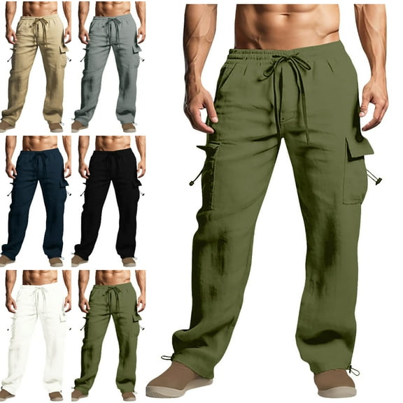 Xzbqbs Pants for Men Cotton Linen Cargo Pants Casual Elastic Waist Drawstring Pants Loose Fit Summer Beach Yoga Travel Work Pants