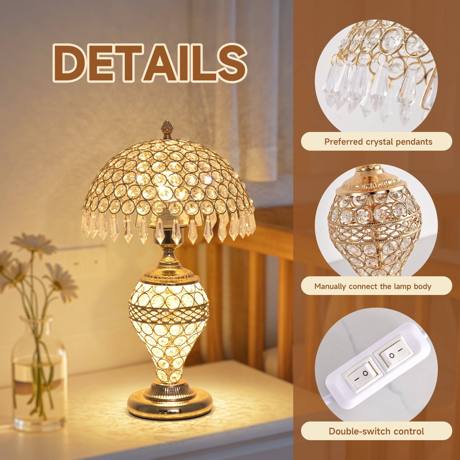 Crystal  Table Lamp Bedside Decorative gift LED modern metal base adjustable light for night Bedroom