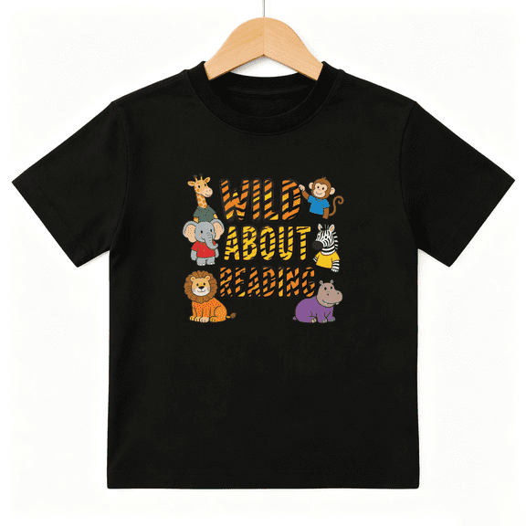 Wild About Reading Boys Graphic Tee, Cute Safari Jungle Animal 100% Cotton Kids Short Sleeve T-Shirt