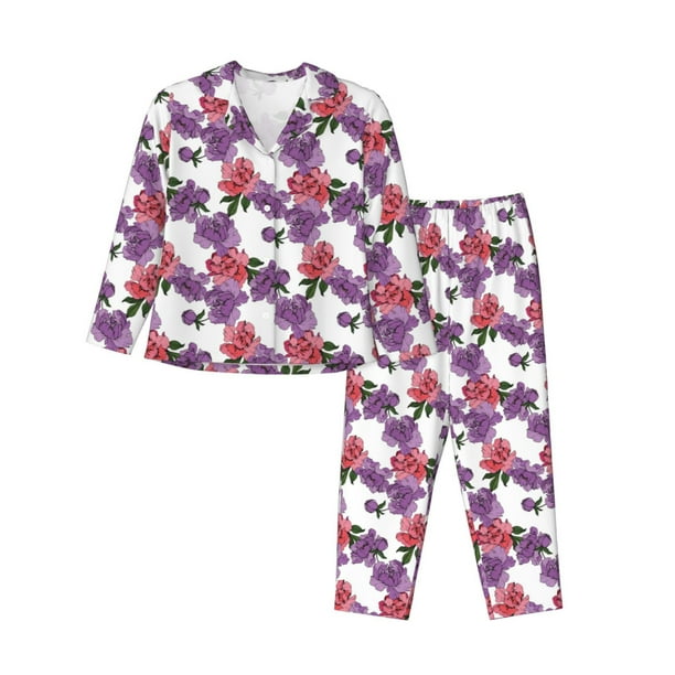 Balery Peonies Conjunto de Pijama con Estampado para Mujer, Conjunto de Dos Piezas con Manga Larga, Ropa de Dormir Suave con Bolsillos, Pijamas Cómodos-Large