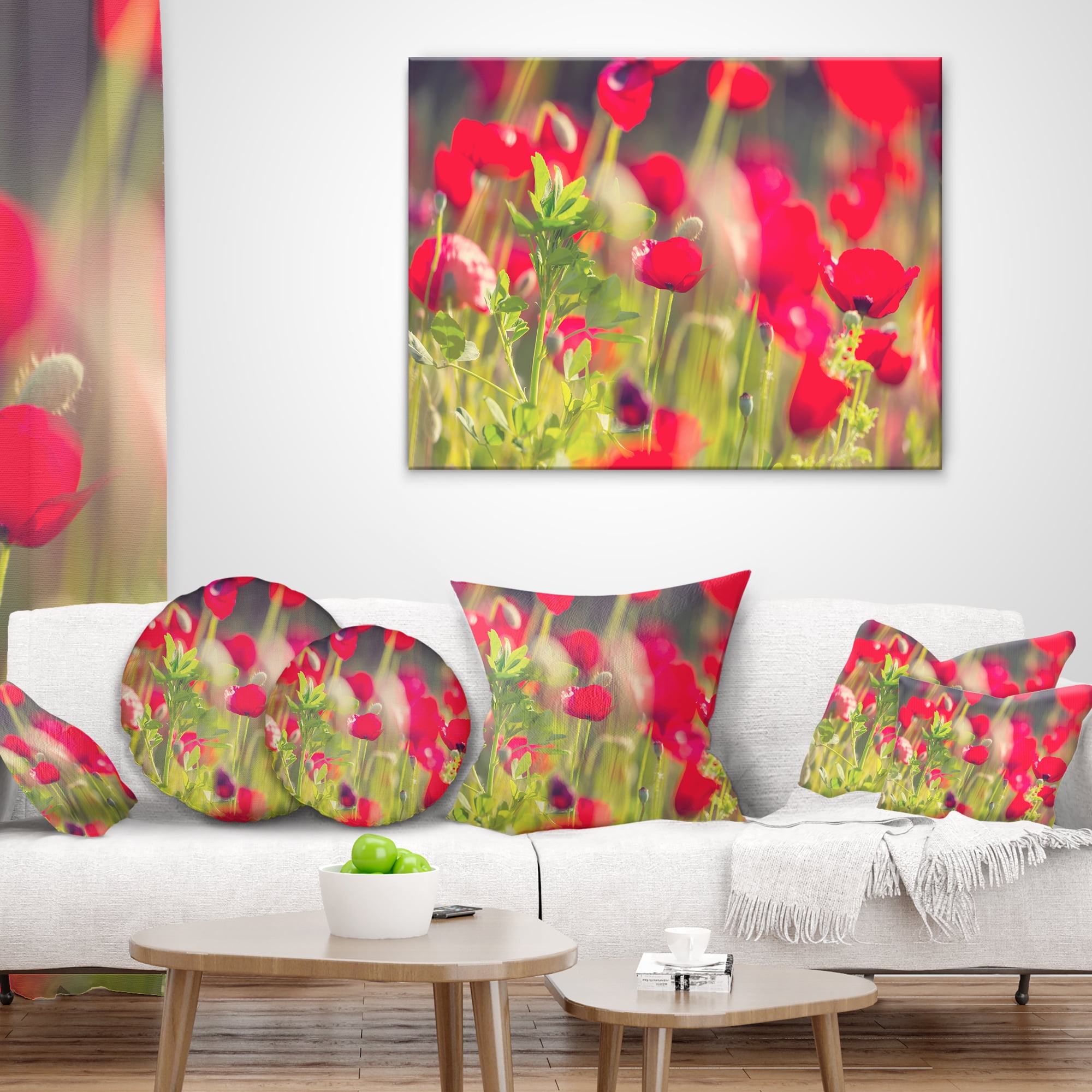 Designart Red Poppies on Green Background - Flower Throw Pillow - 18x18