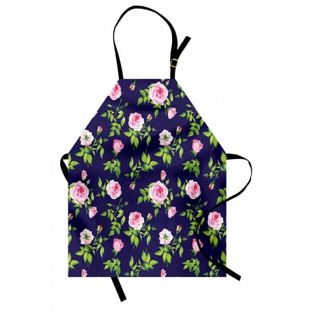 

Navy and Blush Apron Vintage Roses and Buds Romantic Feminine Floral Pattern Old Fashioned Unisex Kitchen Bib Apron with Adjustable Neck for Cooking Baking Gardening Indigo Green Pink by Ambesonne