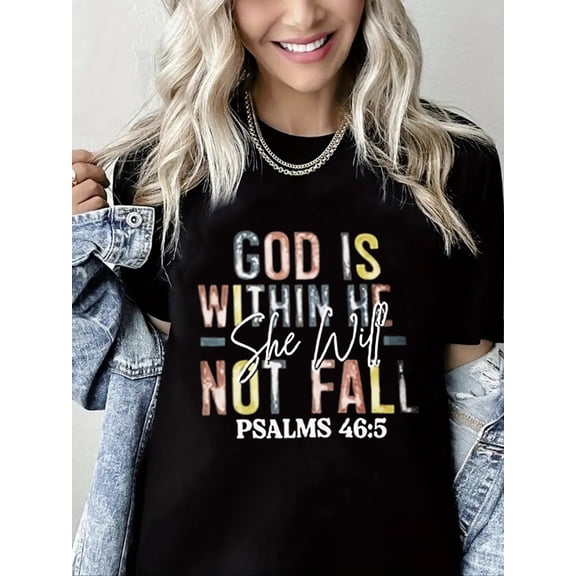 Christian Tshirt God Is Within He Not Fall Letter Print Pure Cotton Short Sleeve Shirt for Women