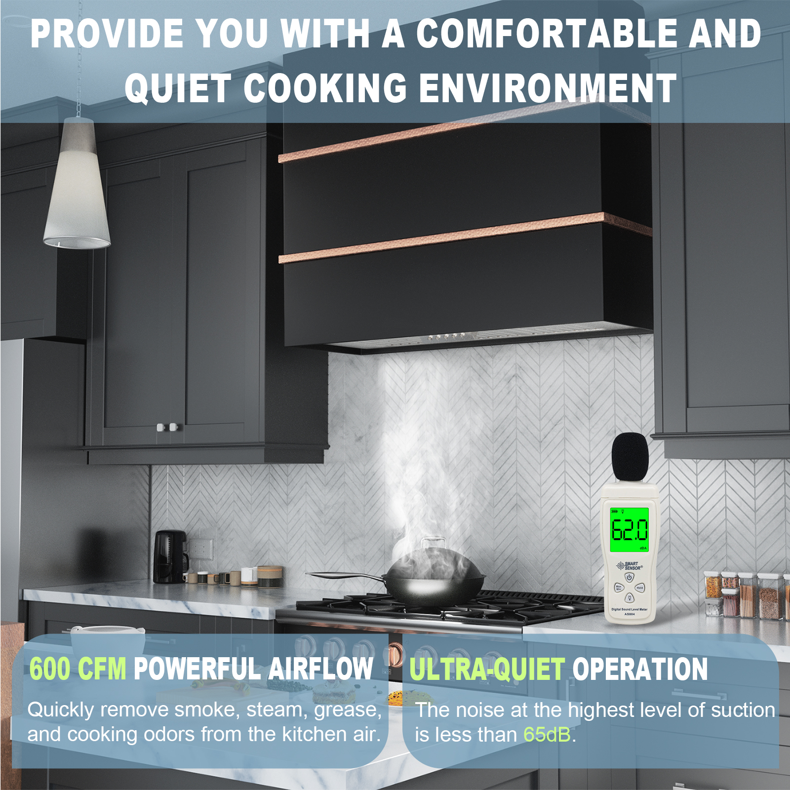 Akicon 36 inch Kitchen Range Hood with 600 CFM, Stainless Steel Wall Mounted Ducted Range Hood, 3 Speed Fan with LED Light, Powerful Vent Motor, Jet Black with Copper