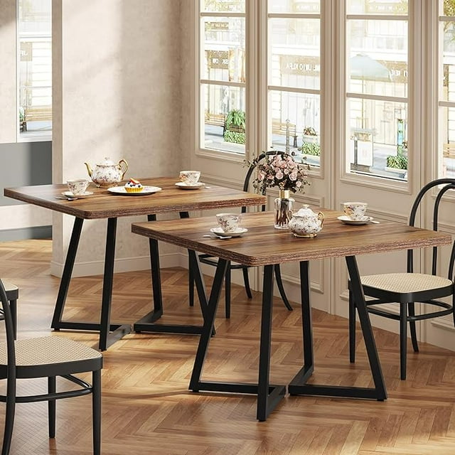 Square Dining Table Set of 2, Industrial Dinner Table with Metal Base