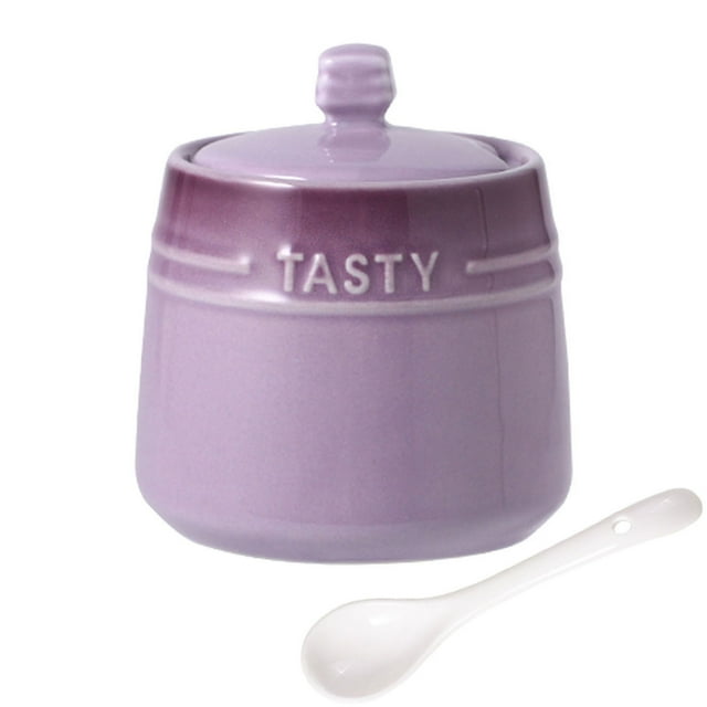 French Gradient Ceramic Sugar Pot With Lid, Solid Sugar Bowl With Spoon, Porcelain Spice Jar, Kitchen Decoration Storage-Purple