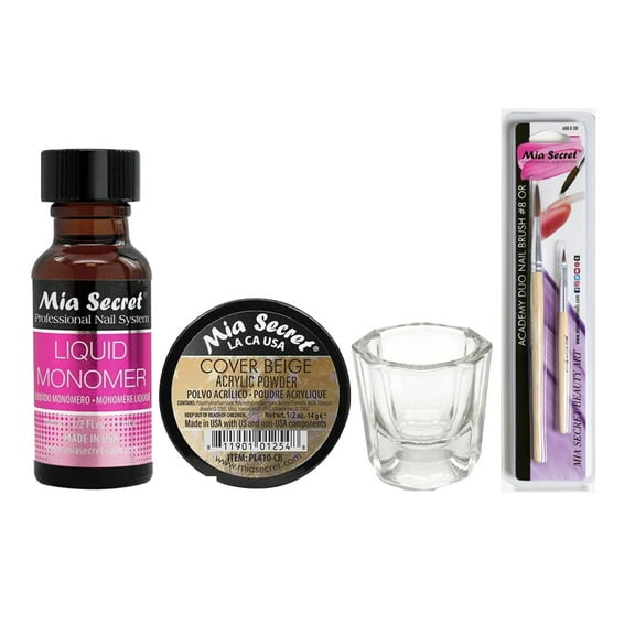 Mia Secret - Liquid Monomer 0.5oz   Cover Beige Acrylic Powder 0.5oz   Dappen Dish   Academy Duo Nail Brush #8 OR - COMBO