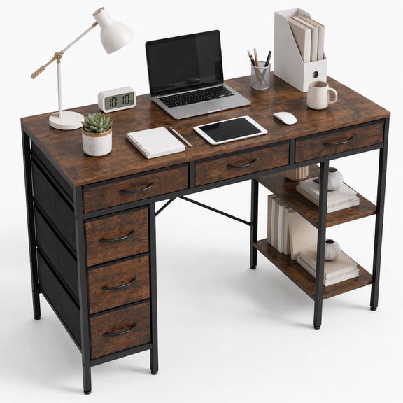 EDX 47 Inch Computer Desk with Fabric Drawers & Storage Shelves,Small Home Office Desk Study Table for Home office Bedroom,Rust