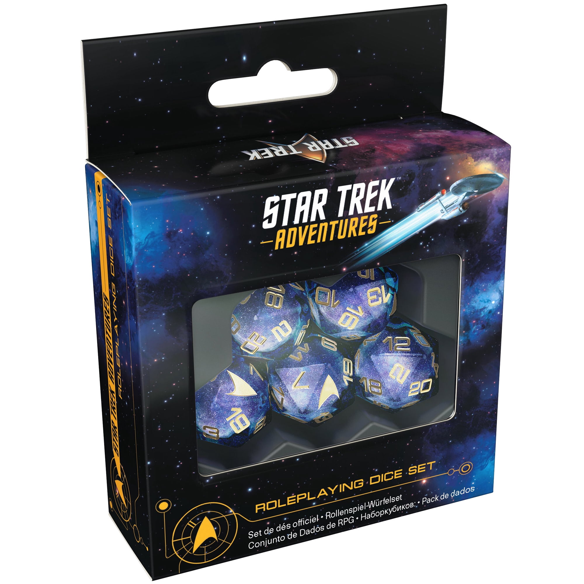 Star Trek Adventures: Second Edition - Roleplaying Dice Set - 5pc d20 RPG Die, Blue Black Starfield Galaxy, Gold Numbers-Icons, Collectible Accessory