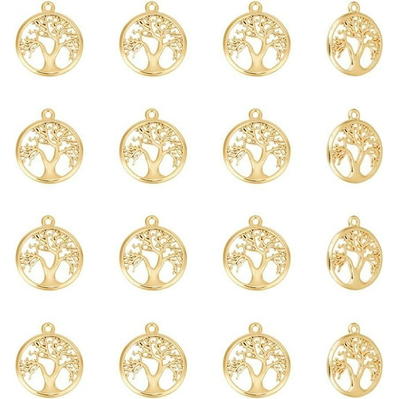 Brass Pendant Flat Round with Tree of Life Real 18K golden Plated 18x15x1.5mm Hole: 1.2mm 16pcs/box