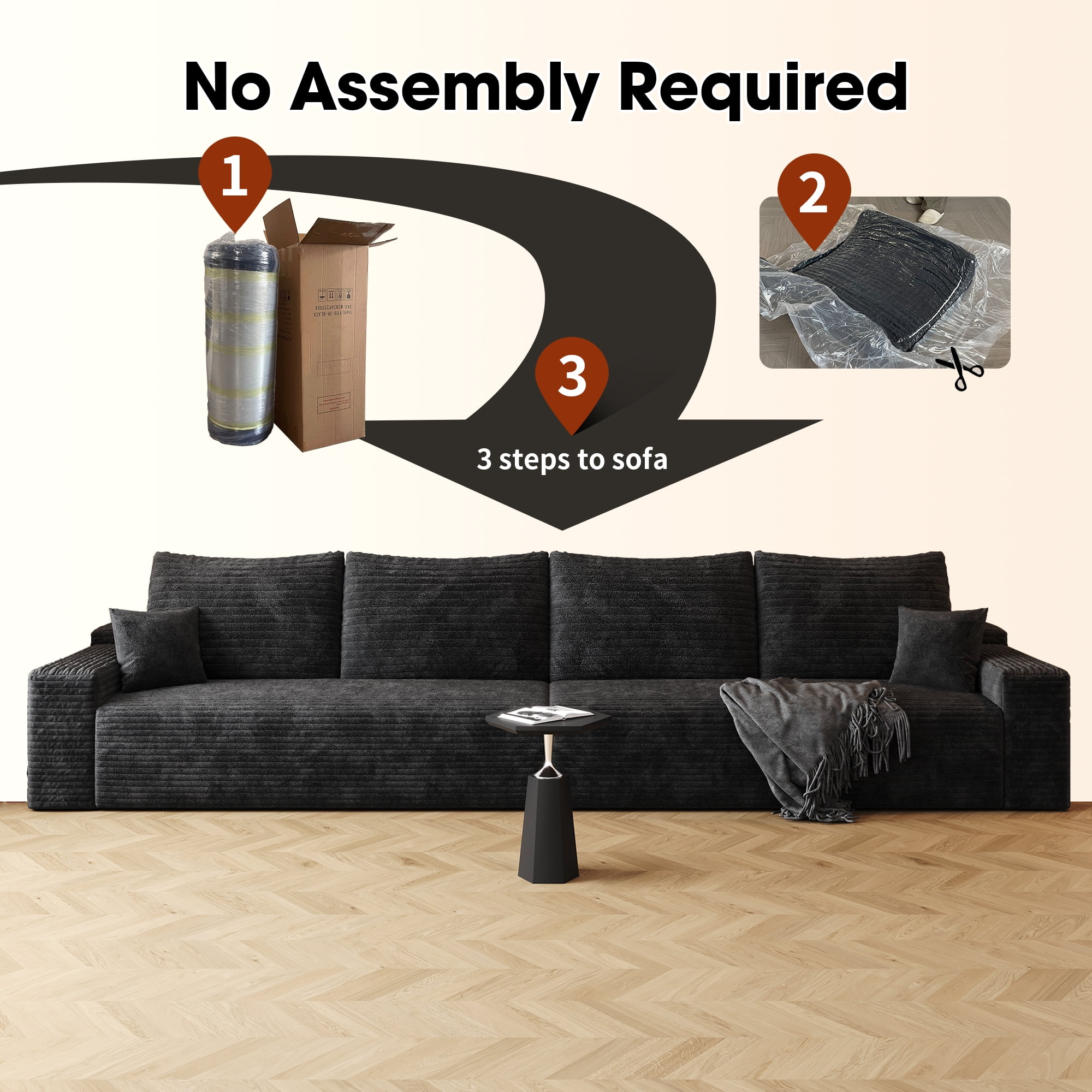 MAYEERTY 140" Cloud Sectional Couch, Modern Modular Deep Seat Sofa, No Assembly Plush Corduroy Fabric, Black (2 packages)