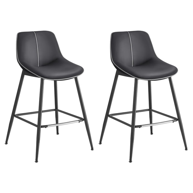 VASAGLE Juego de 2 Taburetes de Bar, Sillas de Cocina, Respaldo Ergonómico, Tapicería de PU, Patas de Metal con Pies Ajustables, 62 cm de Altura, Montaje Fácil, Negro Tinta