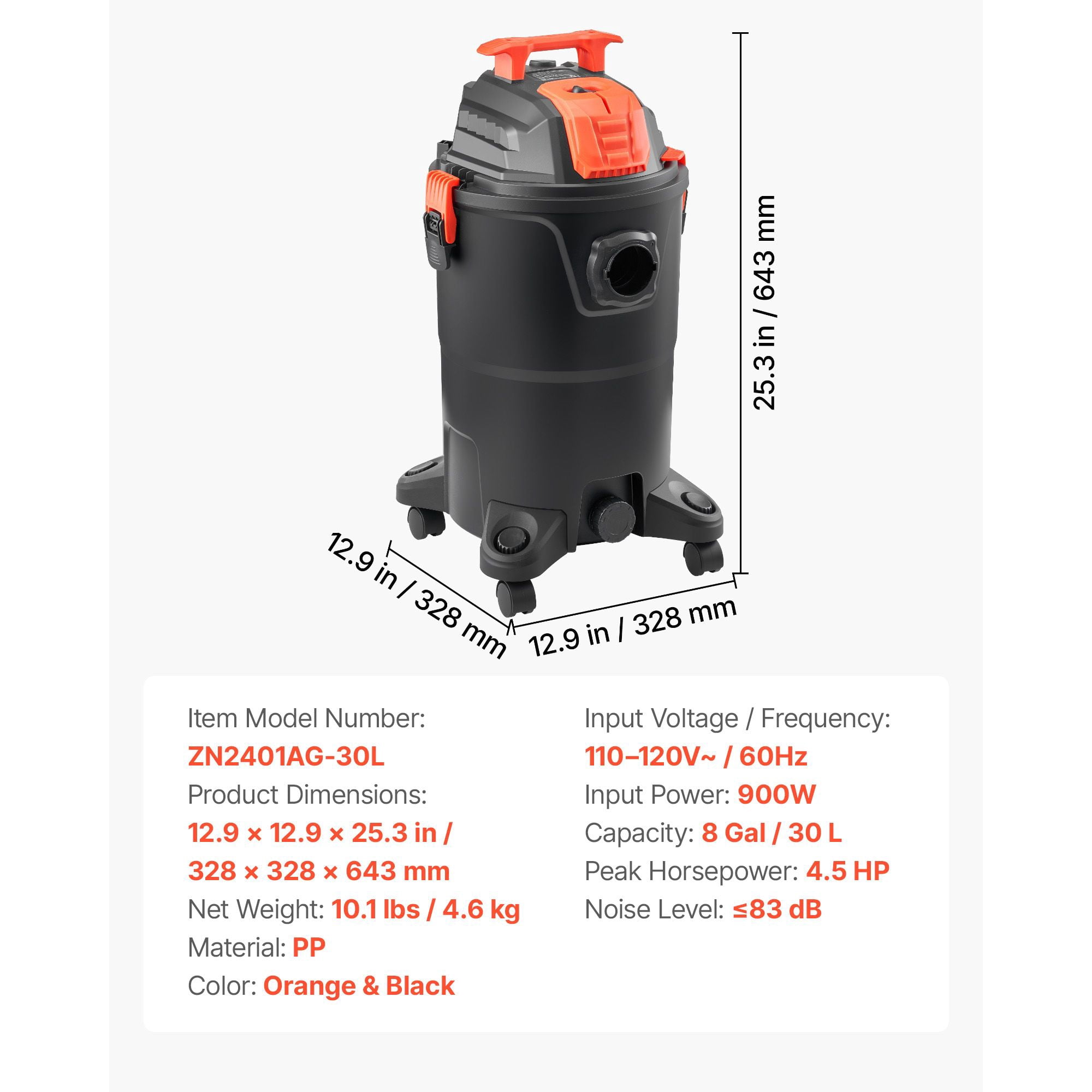 8 Gallon Wet Dry Shop Vacuum, 4.5 Peak horsepower convenient with One-Button Self-Cleaning, Dual-Filter, 7ft Hose & 9.8ft Cord for Garage Workshop Home