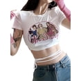 thumbnail image 2 of KOMOO Women Printed Crop Tops Short Sleeve Portrait Letter Print Slim Tee Tops with Oversleeve, 2 of 8