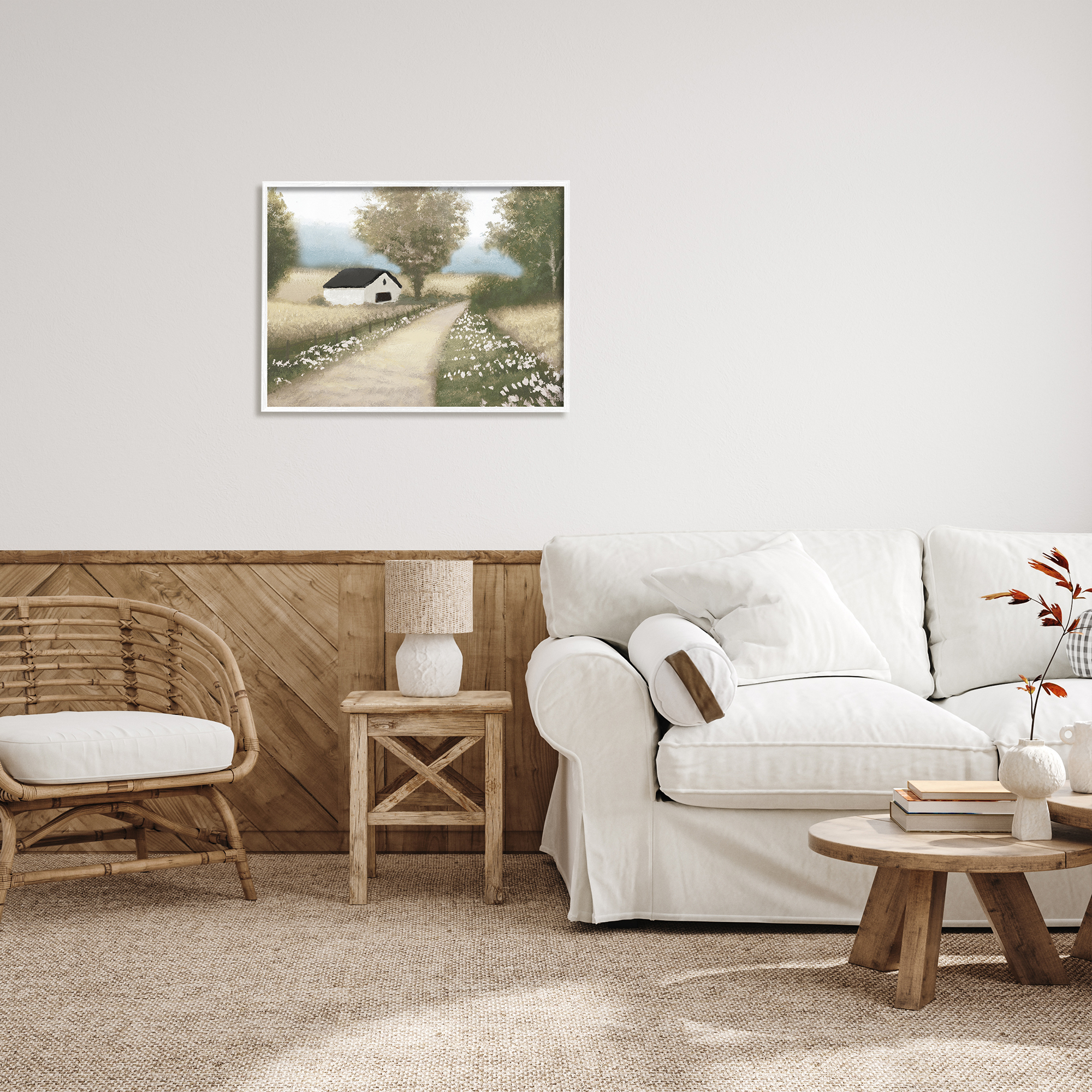 Stupell Industries Subtle Cottage Path Landscape Painting White Framed Art Print Wall Art, 30 x 24