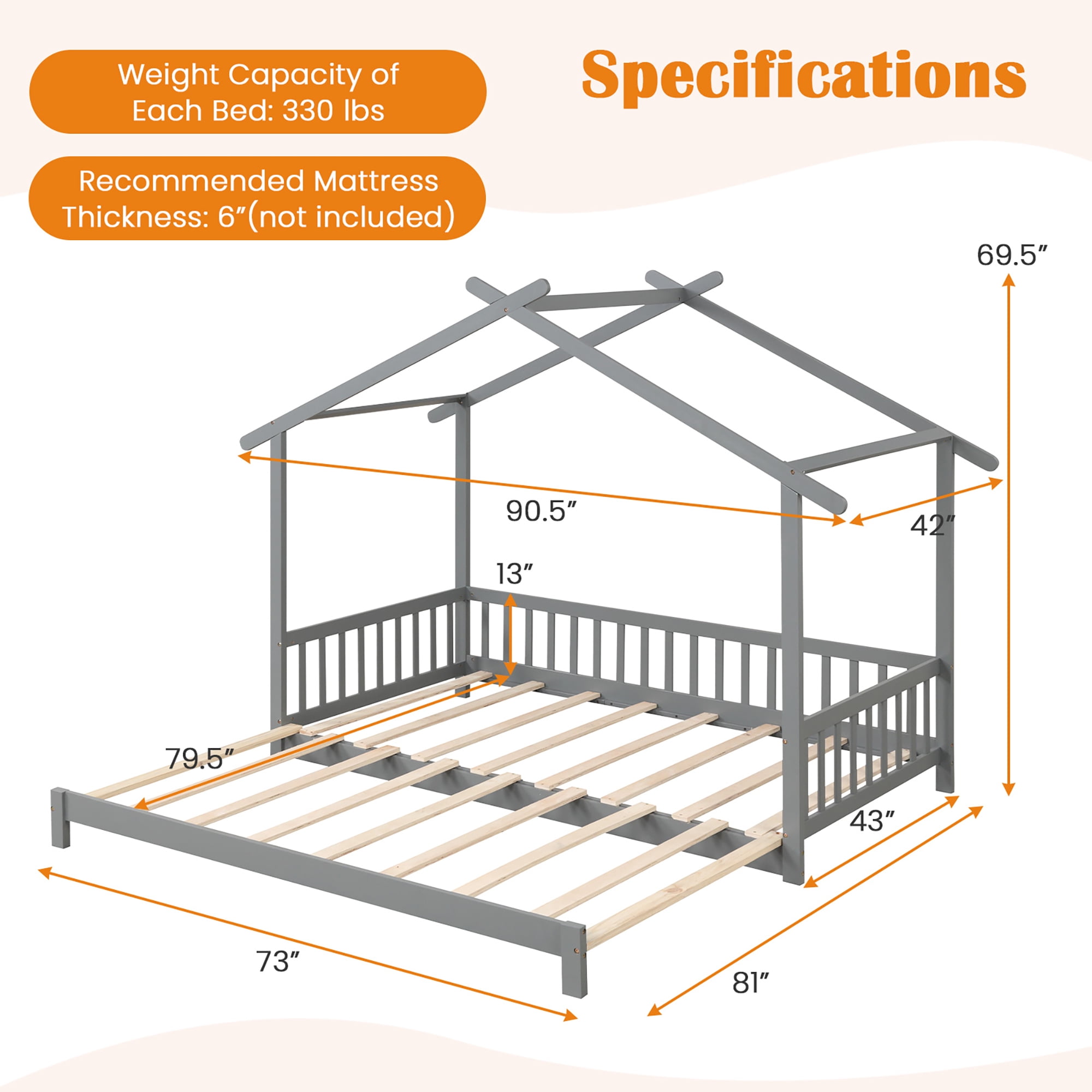 Gymax Wooden House Bed Twin to King Daybed w/ Safety Rails & Decorable Roof Gray