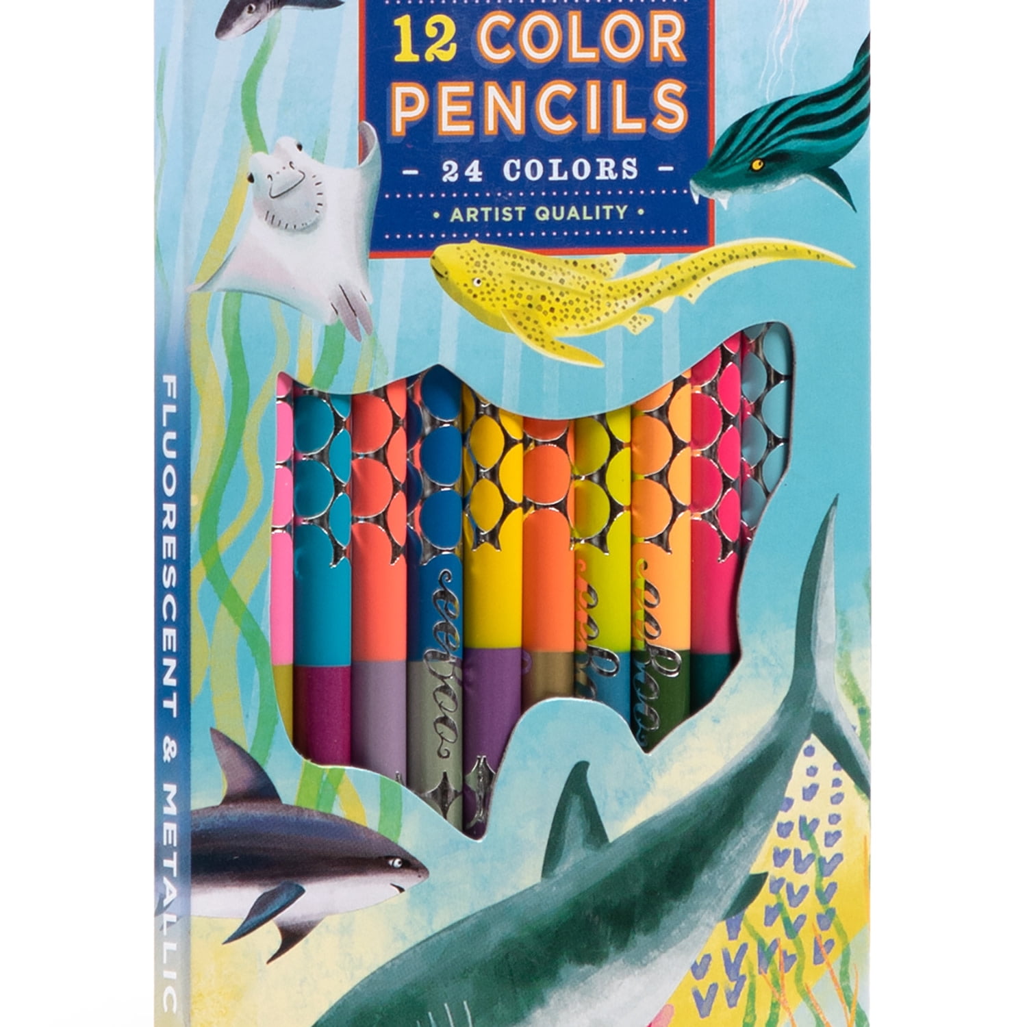 eeBoo: Double-Sided Colored Pencils - Shark – 12pc Set, 24 Vibrant Metallic & Fluorescent Shades, Silver Foil Barrels, Kids Art & Drawing Supplies