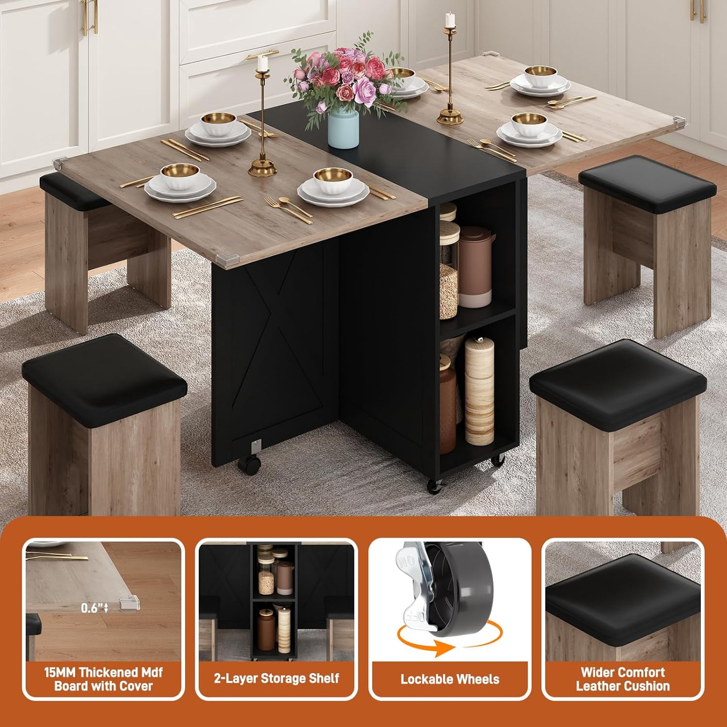 Blotout 5 PCS Farmhouse Dining Table Set for 4, 60'' Large Folding Dining Table Set with 4 Leather Chairs,6 Wheels, Drop Leaf Foldable Kitchen Table with 2-Layer Storage Shelf for Small Spaces, Grey