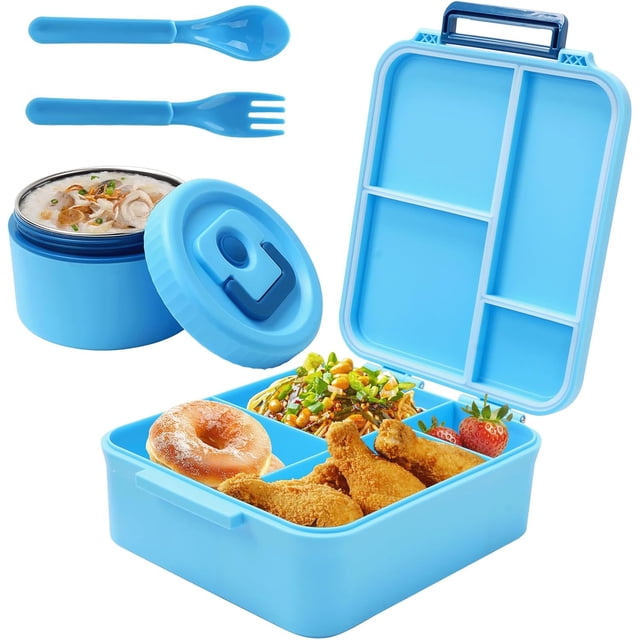 Lonchera, Fiambreras con 4 Compartimentos y Cubiertos, Contenedores Bento con Tazón de Sopa