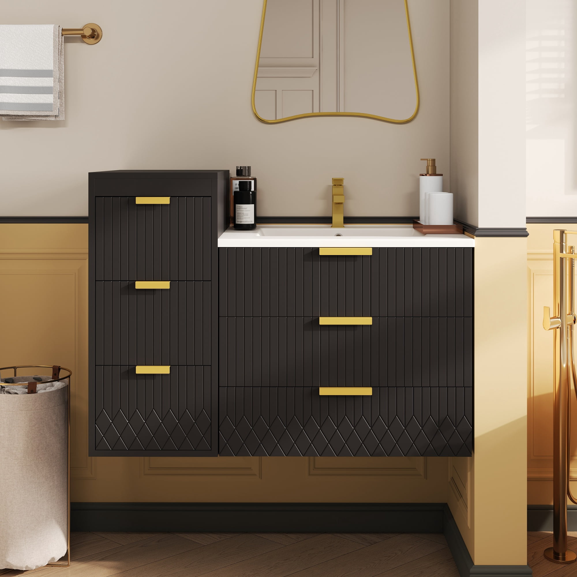 Euroco 24inch Wall Mounted Floating Cabinet w/Side Cabinet Combo, Rectangular Vanity, Small Bathroom Sink With Single Faucet Hole and Overflow, Modern Bathroom Cabinet with Ceramic Basin Sink