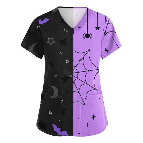 Fabrcox Halloween Top Scrubs for Women Ghost Pumpkin Workwear for Nurses Witch Spooky Side Slit Stretch Nurses Uniforms for Women with Pocket S-5XL