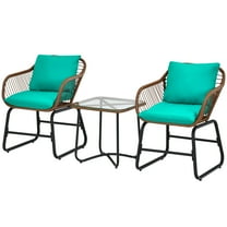 Patiojoy 3 Pieces Outdoor Furniture Set Patio Bistro Set w/2 Armchairs & Tempered Glass Table Turquoise
