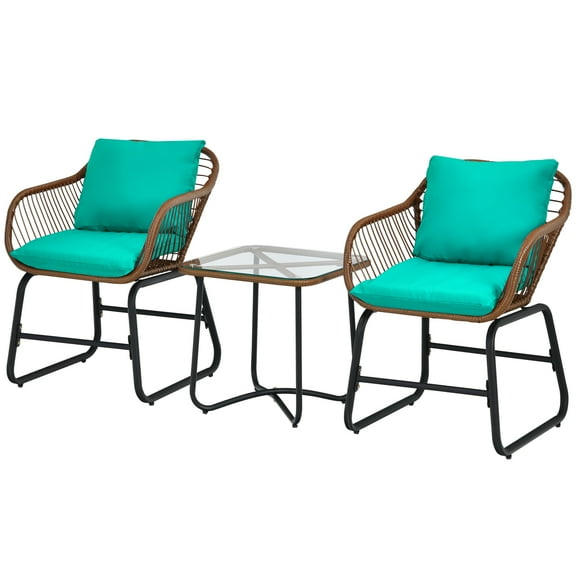 Patiojoy 3 Pieces Outdoor Furniture Set Patio Bistro Set w/2 Armchairs & Tempered Glass Table Turquoise
