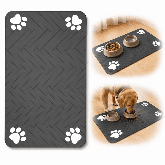 Emlimny Pet Feeding Mat, Absorbent Dog Cat Food Water Bowl Mat, Waterproof Non-Slip Rubber Back, Fast Drying Pet Placemat, 20x12 Inch Dark Gray Striped